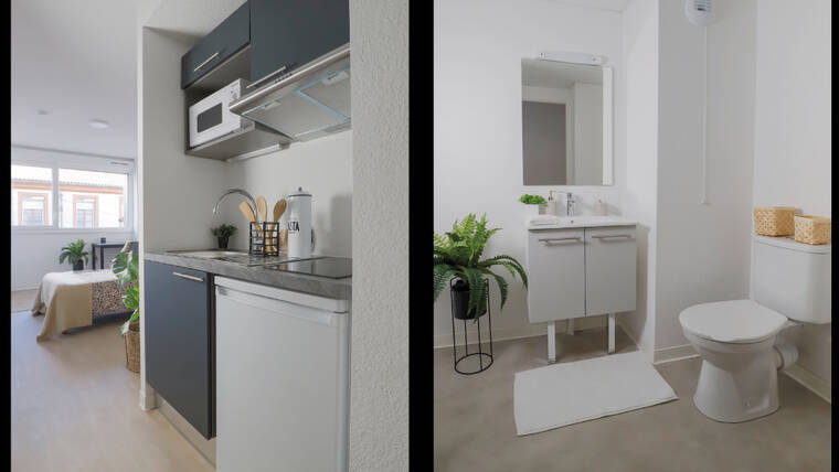 Vue cuisine et salle de bains logement jeunes